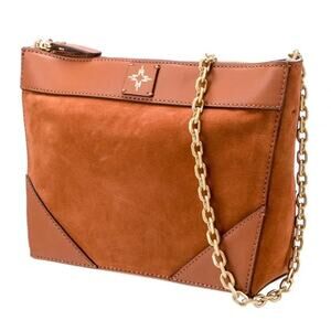 India Hicks Bridle Suede Leather Shoulder Crossbody Bag Gold Chain Brown NWOT